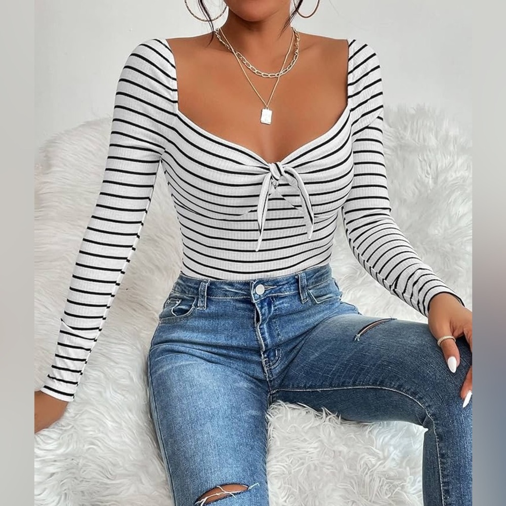 Ribbed Square Neck Front Tie Top, Size XS